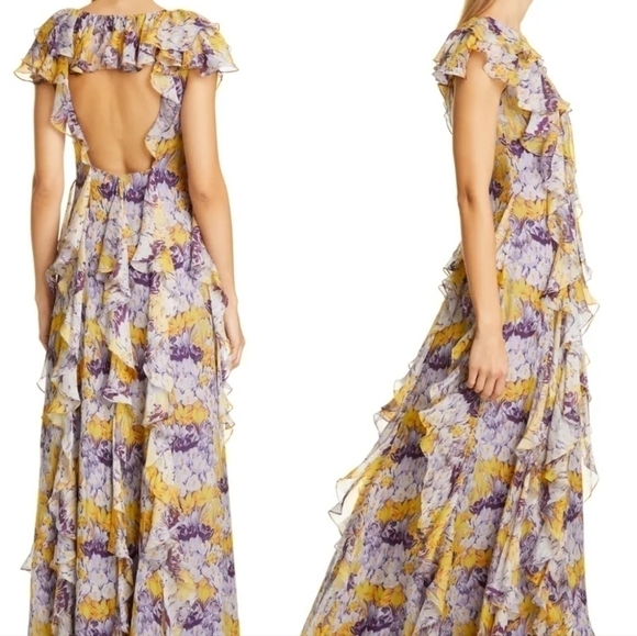 New Flor et. al Valles Floral Silk Chiffon Ruffle Lilac Gown Resort '20 4 US NWT - Picture 6 of 17